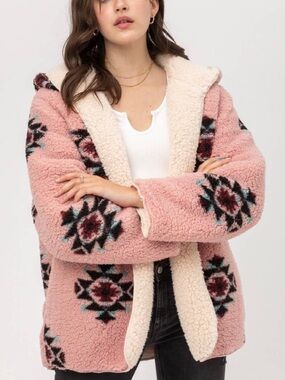 Pink Sherpa Hooded Jacket with Aztec Tribal Southwest Pattern